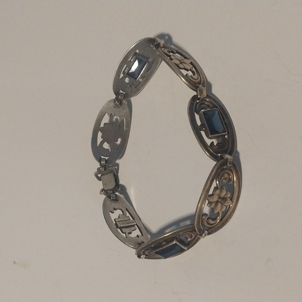 Symmetalic Sterling + 14k Floral Bracelet w Sapphire Blue Jewels